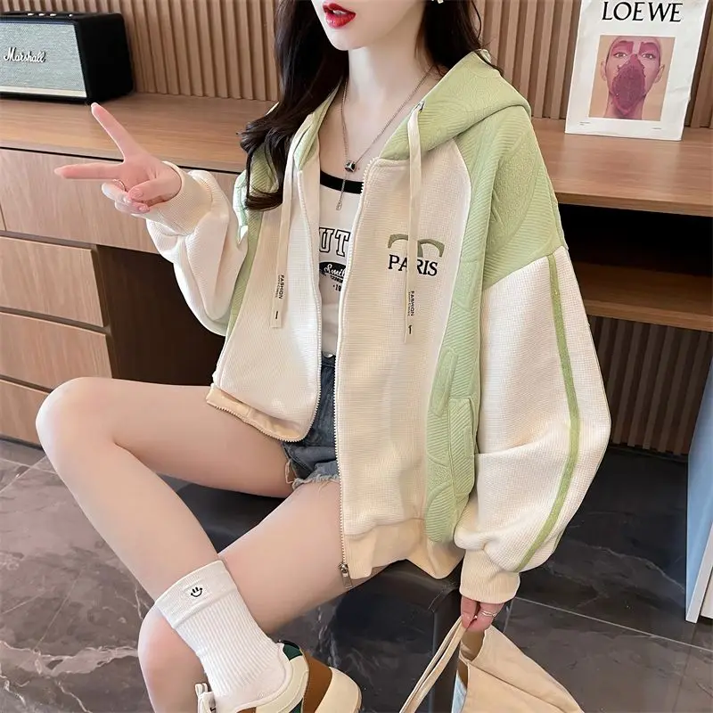 Short Jacket Spring Autumn New Women Korean Style Loose Design Stitching Hooded Outcoat Casual Versatile Fashion Outerwear 2024