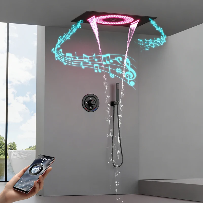 600*400mm Shower System LED Lights Music with 3 Functions Top Spray Concealed Hot and Cold mixing valve Brushed Gold Shower Set