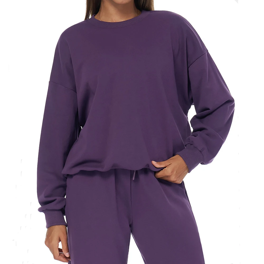 Hoodie Olahraga Leher Bulat Musim Dingin Atasan Yoga Lengan Panjang Kebugaran Gym Pakaian Luar Lari Pullover Olahraga Longgar Kasual Kemeja Wanita