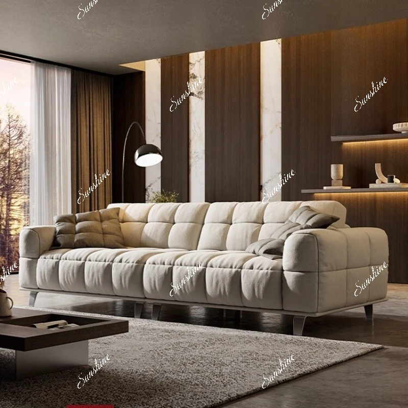 

Sofa cream minimalist fine linen fabric straight row multi-person living room puffs marshmallow clouds