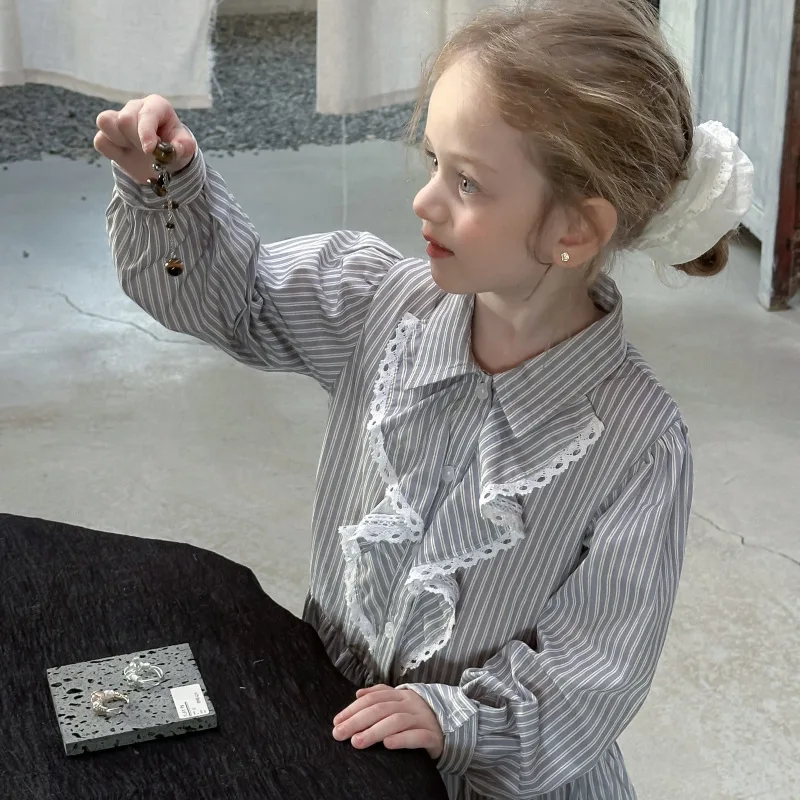 

Children's Spring New Little Girl Striped Dress Lace Trim Stylish Princess Dress for Toddlers and Young Girls