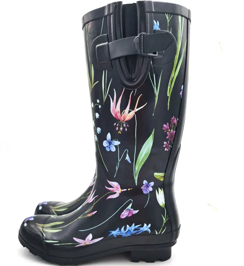 Rouroliu Women Fashion Navy Blue Floral Buckle Rainboots Waterproof Water Shoes Comfortable Non-Slip Tall Rain Boots Woman RB73