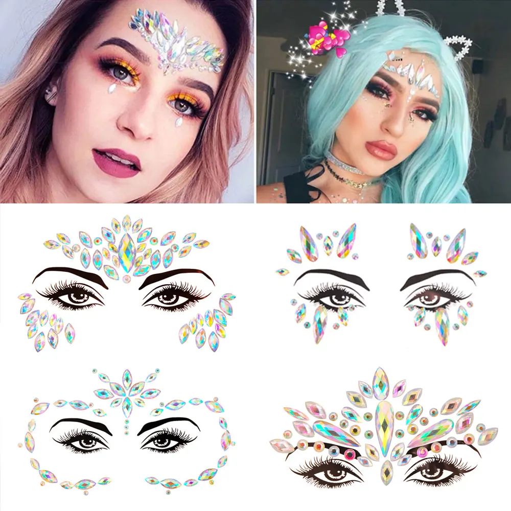 3D Sexy Temporary Tattoos Face Fake Tattoo Stickers Glitter Rhinestones Woman Party Kids Holiday Jewels Eyes Sticker Makeup