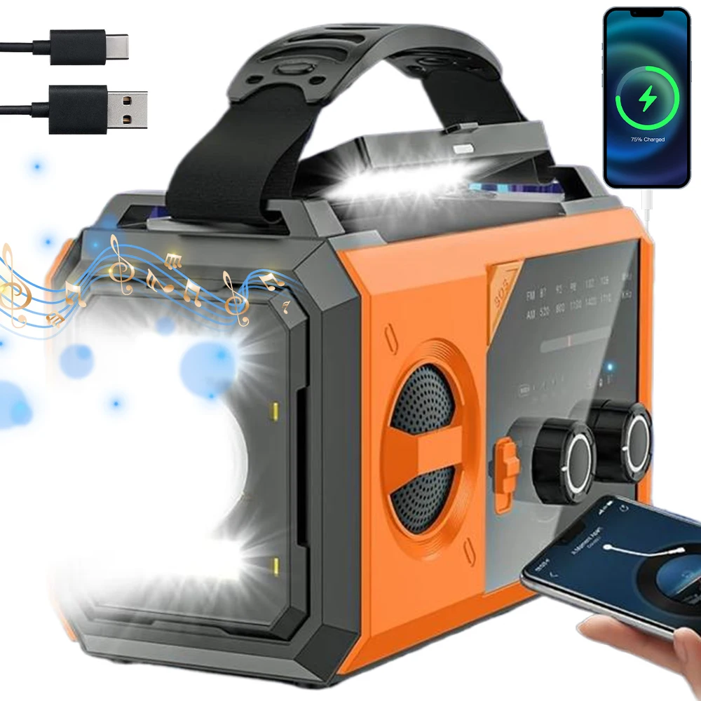 Radio Awaryjne z Głośnikiem Bluetooth – Power Bank z Szybkim Ładowaniem 20000mAh – 3-Stopniowe Ładowanie (USB/Solar/Na Korbę) – Radio AM/FM z Kompasem i Latarką – Prezent na Kemping i do Aktywności na