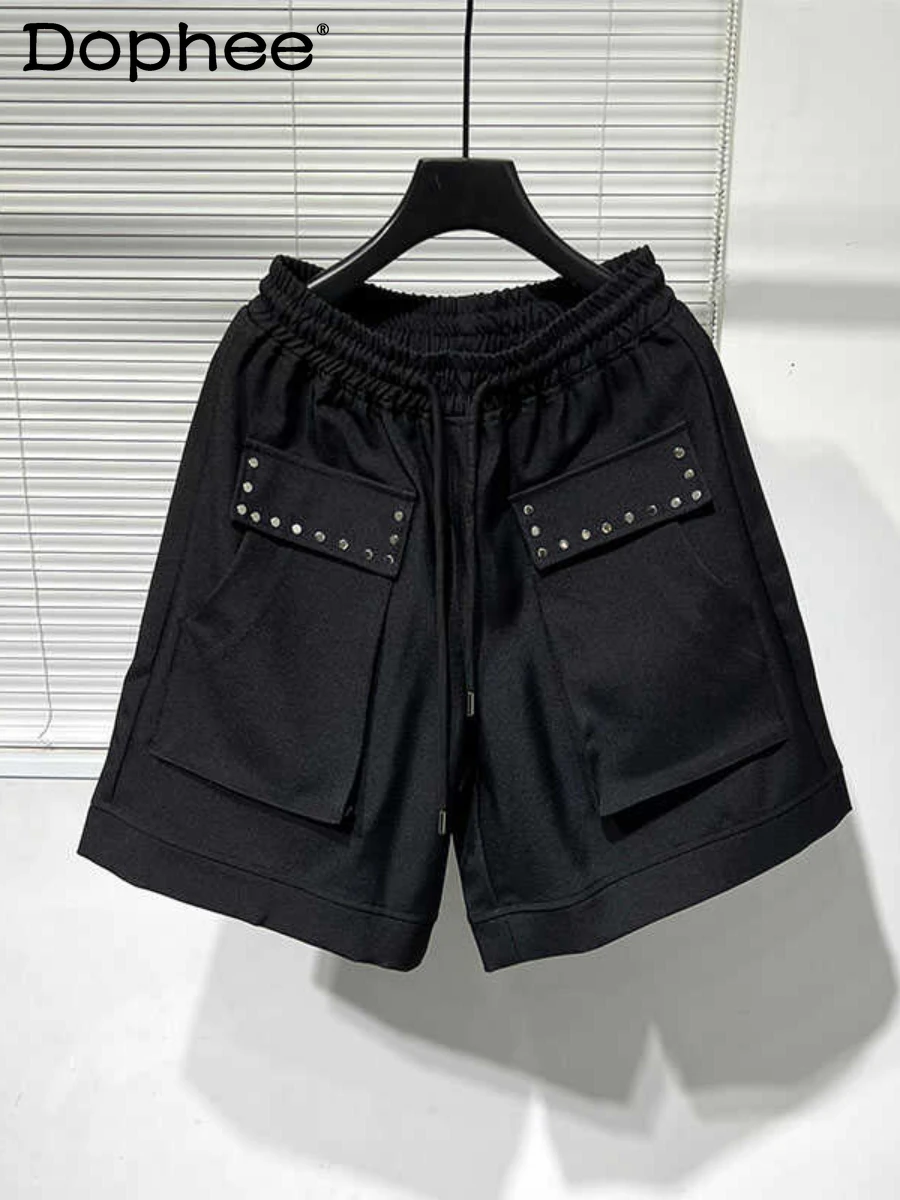 2024 Summer Original Trendy Men's Short Trousers Personality Rivets Workwear Male Shorts High Street Trendy Loose Short Pants