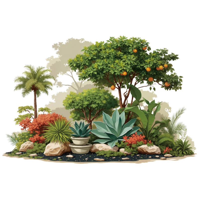 3D Shadow Tropical Orange Tree Wall Stickers, Agave Palm Stone Garden Living Room Baseboard Decor view 5