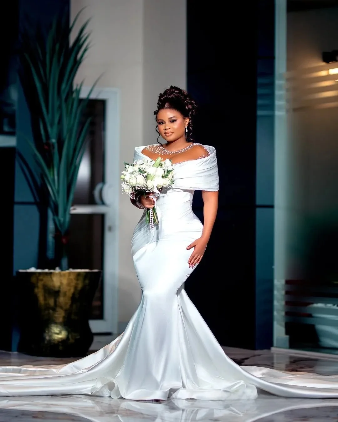 Customized Plus Size African Mermaid Wedding Dress Bridal Gowns Bride Illusion Sheer Pearls Off Shoulder Beaded Lace