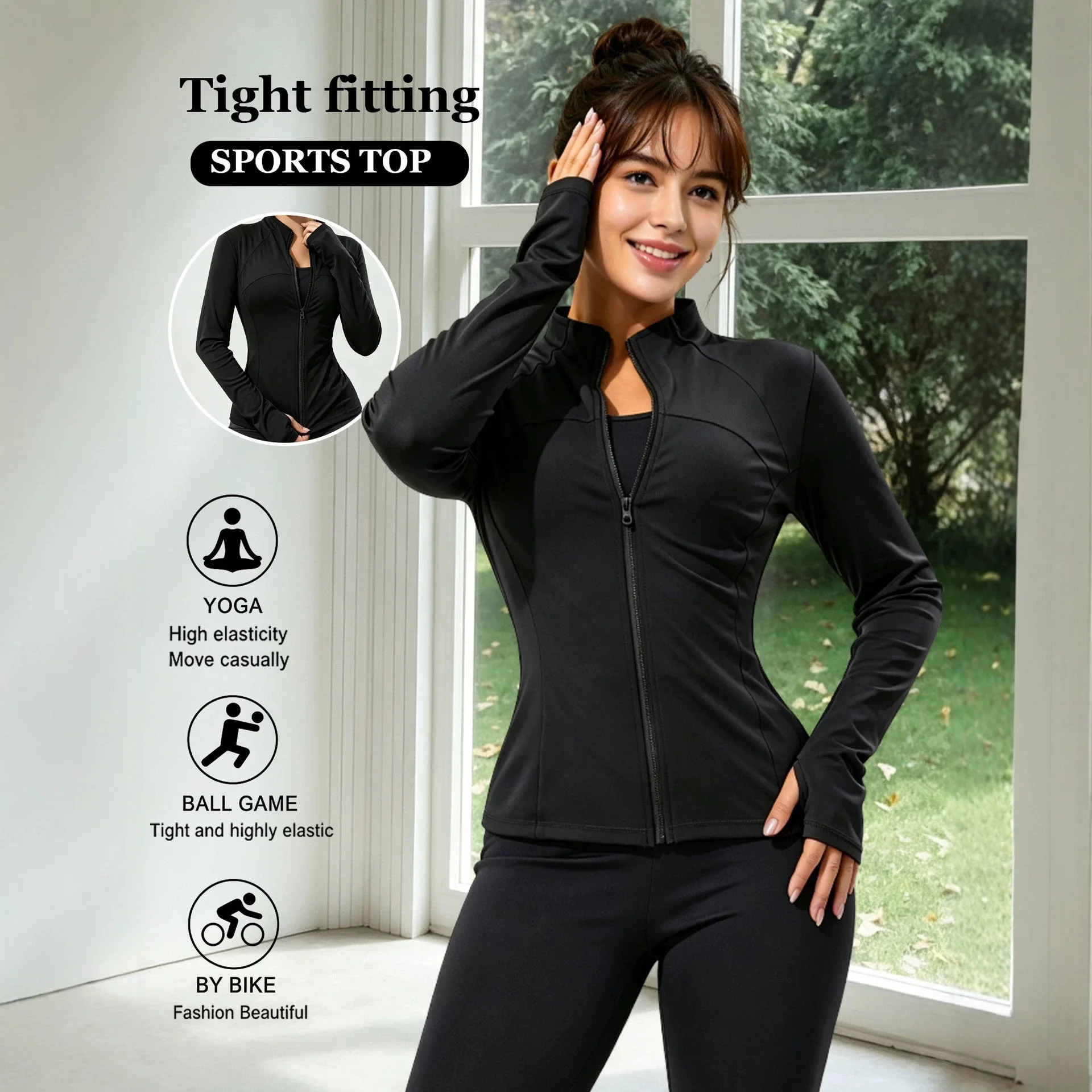 Women Slim Fit Yoga Jacket Full Zip Stand Collar Thumb Hole Cuffs Quick Dry Lightweight Gym Running Fitness Sports Coat