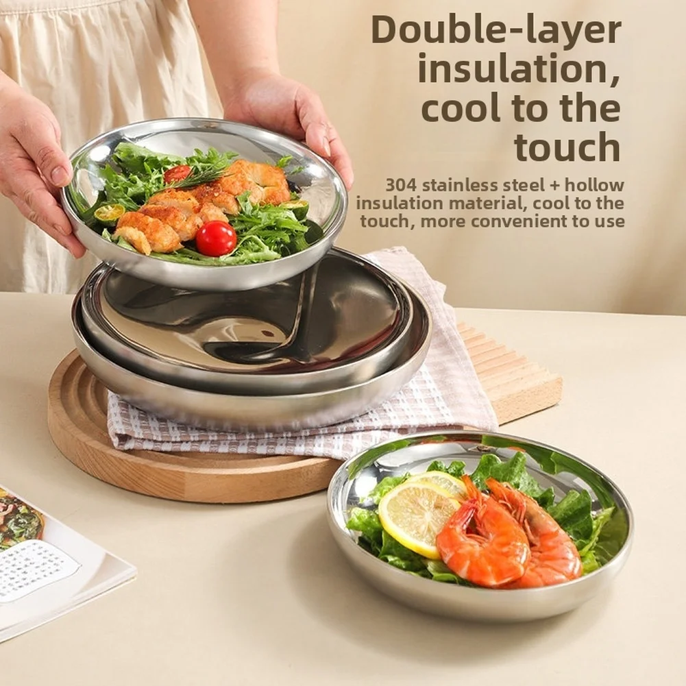 1Pc 304 Stainless Steel Double Wall Insulated Dinner Plate Heat Retention Stackable Serving Dish For Pasta 18cm 20cm 22cm 24cm