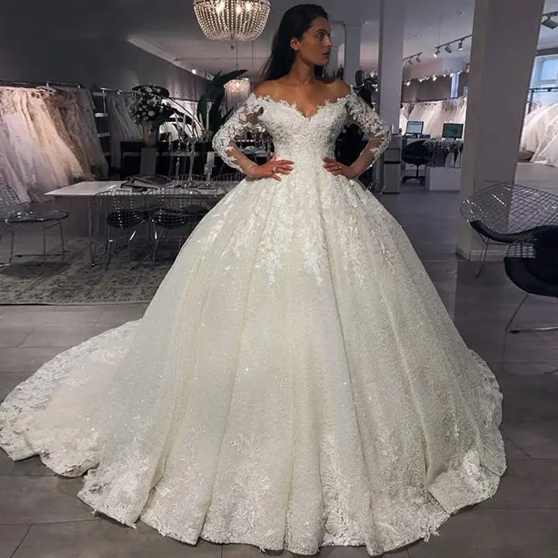 

Luxury Ball Gown Lace applique Wedding Dresses with Train vestido de noiva Long Sleeves Floor Length Off the Shoulder for Bride