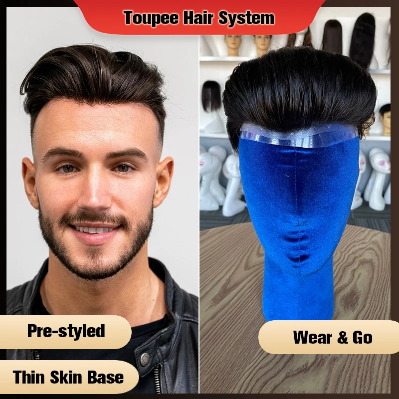 Thin Skin Men Toupee Pre Styled Slicked Back 0.04mm 0.06mm Human Hair Men Wig Hair Replacement Systems Hair Piece Protesis Male