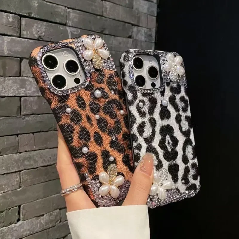 جديد آيفون 16pro جراب هاتف 15plus ليوبارد 14pro زهرة على شكل حجر الراين 13 12 مكافحة قطرة 11 XR ملابس جلدية الغطاء الواقي #4