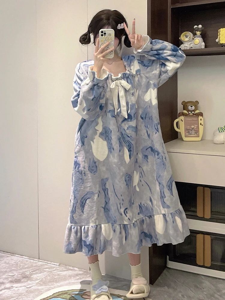 DAIMELU tie-dye pajamas women's autumn and winter coral fleece Loungewear princess sleepwear thickened flannel premium nightgown