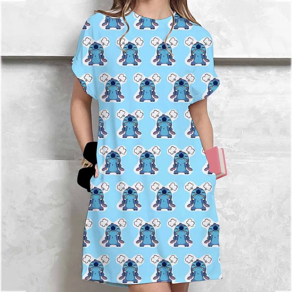 トレンドレディースラウンドネック膝上丈ドレスカジュアルディズニーステッチプリントミニドレス夏半袖クールロングTシャツ