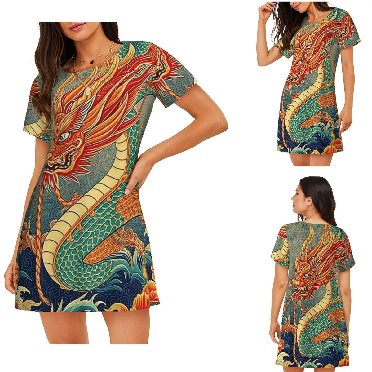 Chinese Dragon Asian Oriental Style Art Short Sleeves Nightdress For Sleepshirts Women Short Sleeve Nightgowns Pajama Dress