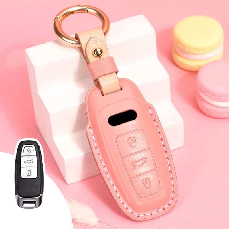 Leather Car Smart Key Case Cover For Audi A6 A7 A8 E-tron Q5 Q7 Q8 C8 D5 TFSI Protector Keyless Fob Ring Auto Accessories Shell