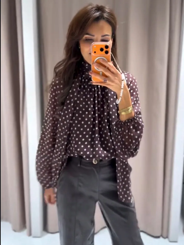 

HH Women Bow Neckline Polka Dot Pattern Thin Light Chic Shirt Female Fashion Casual Long Sleeves Loose Translucent Shirt Top