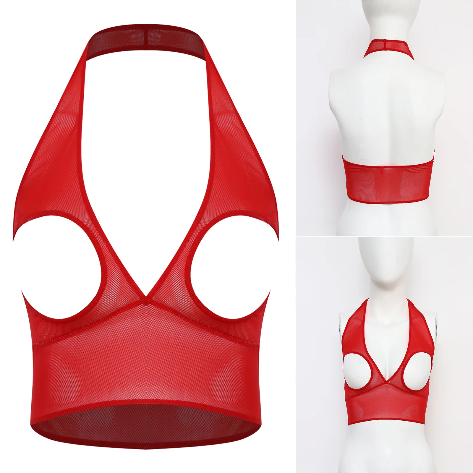 Women Lingerie Halter Neck Sheer Mesh Bra Lingerie Sleeveless Backless Cutout See-through Vest for Date Tempting Nightwear