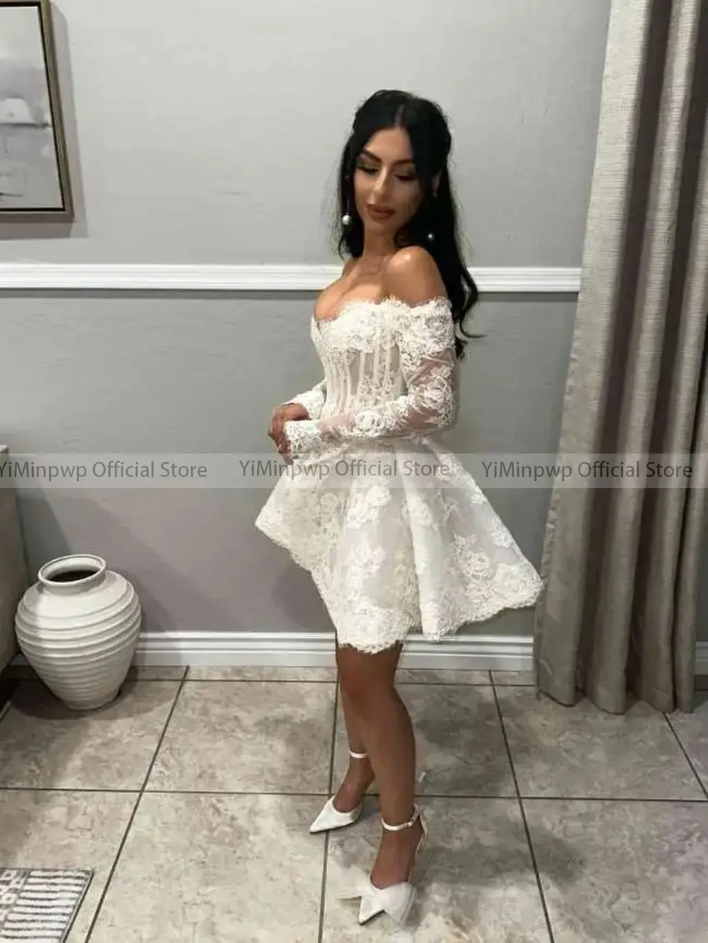 Short Wedding Dresses Bride Robe Bridal Shower Dress Off Shoulder Long Sleeve Lace Engagment Party Gowns Customized