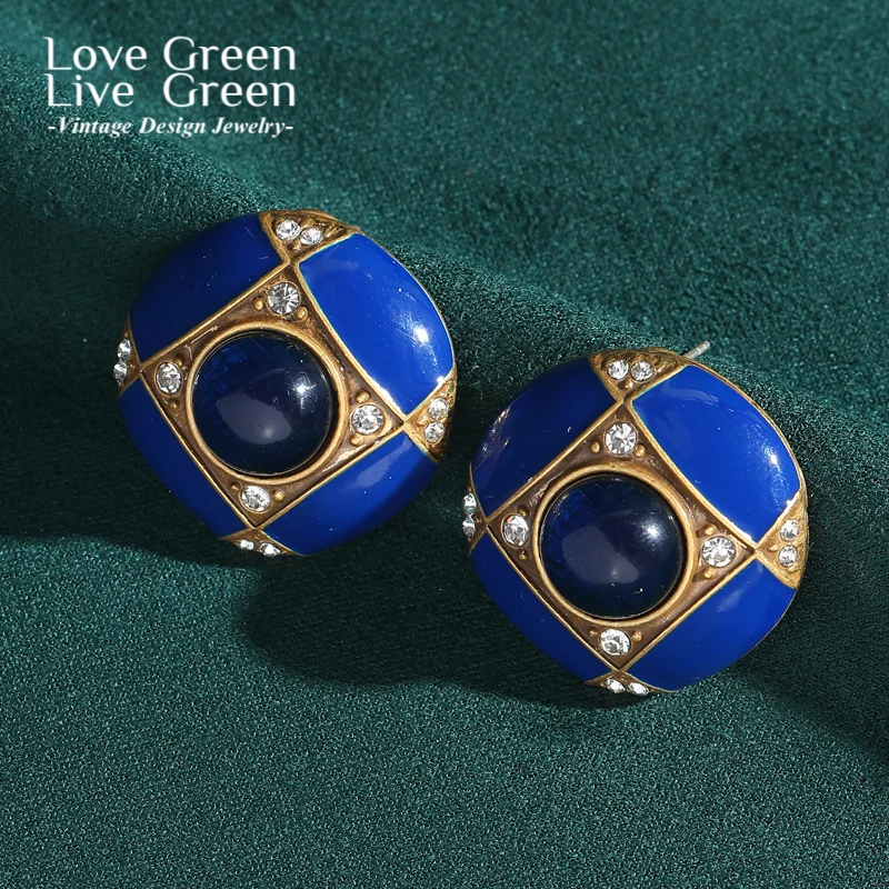 

Vintage Enamel Royal Blue Earrings Stud For Woman Round Gold Color Geometry Luxury Designer Jewelry Party Accessories 2025