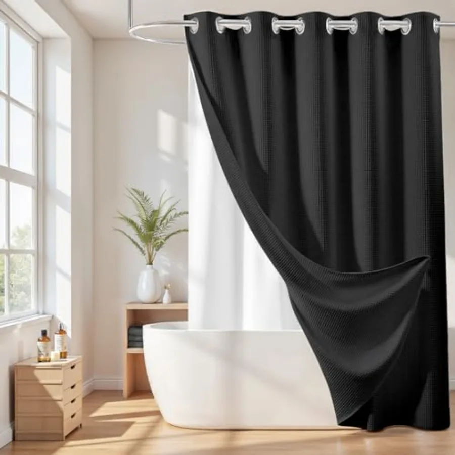 

No Hook Cotton Blend Shower Curtain with Snap in Liner, Hotel Grade Shower Curtains for Bathroom, Water Repellent, Black, 71" W