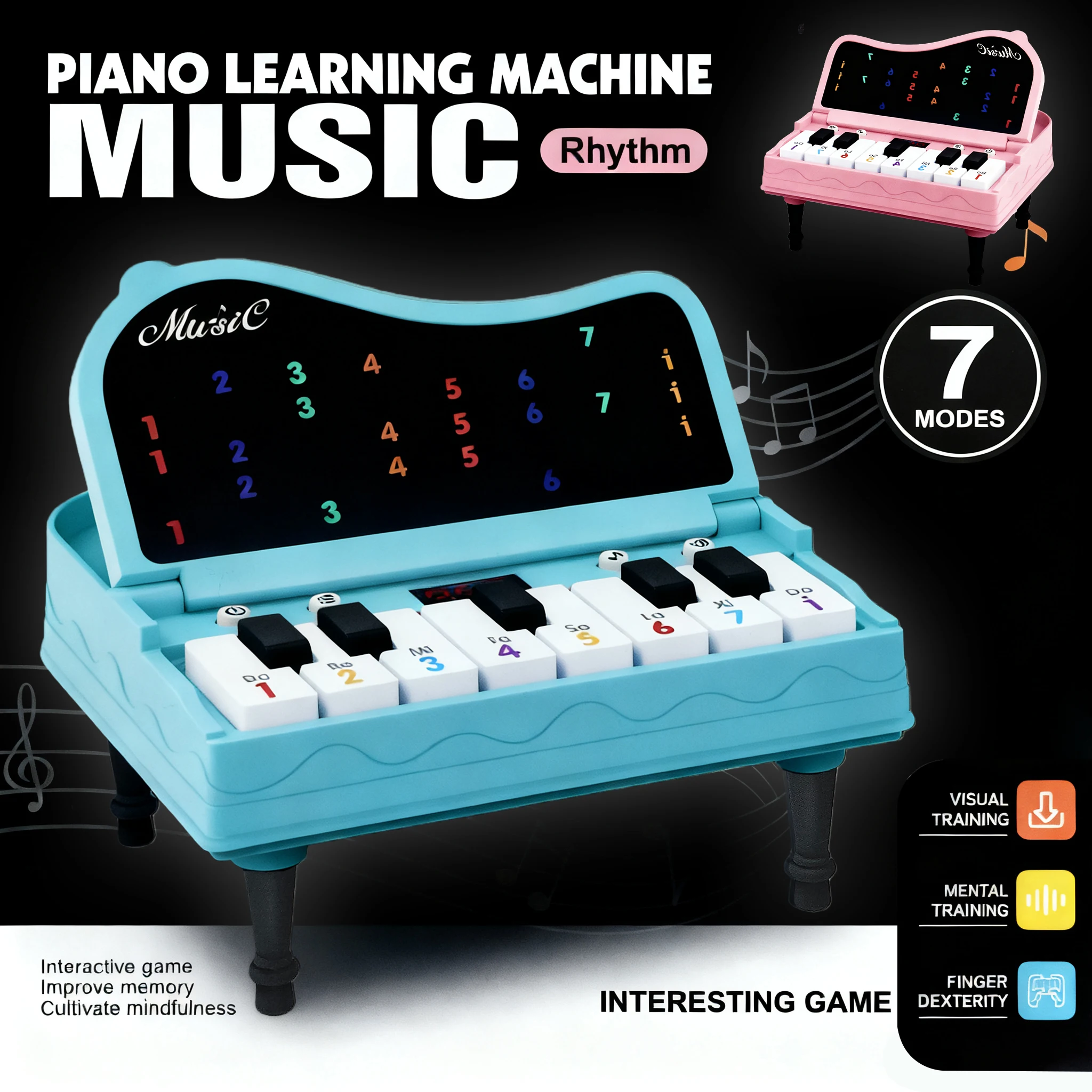بيانو محمول بحجم راحة اليد، خياران من الألوان، سبعة أوضاع، حجم قابل للتعديل، تأثيرات الصوت والضوء هدية مناسبة