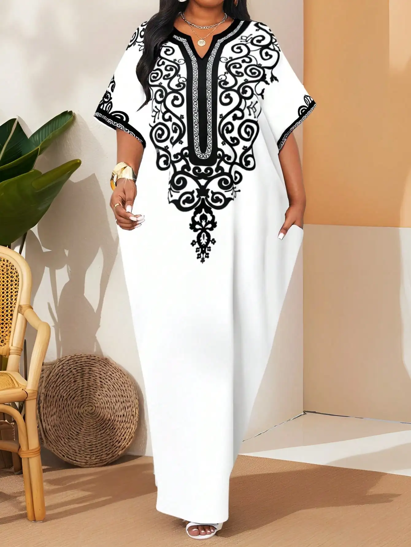 

Women's White Kaftan Dress with Black Embroidery, V-Neck Batwing Sleeve, Loose Fit for Vacation & Casual Wear