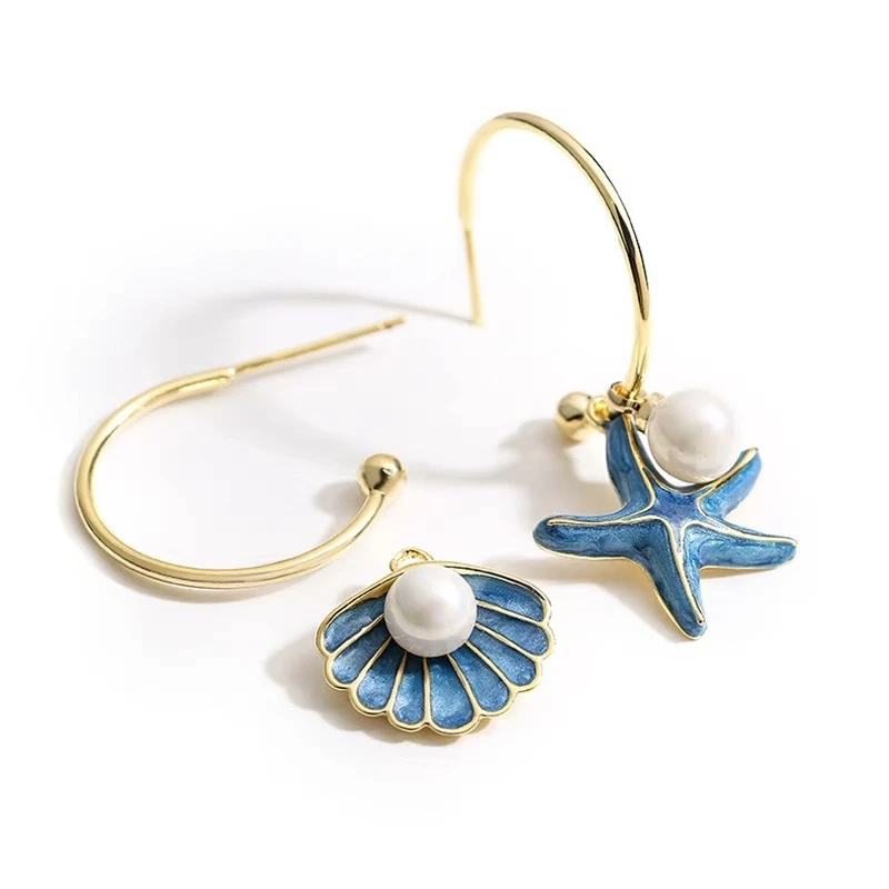 New Retro Gold Color Starfish Shell Earrings for Women Cute Pearl Imitation Earrings for Banquets Wedding Jewelry Accessories