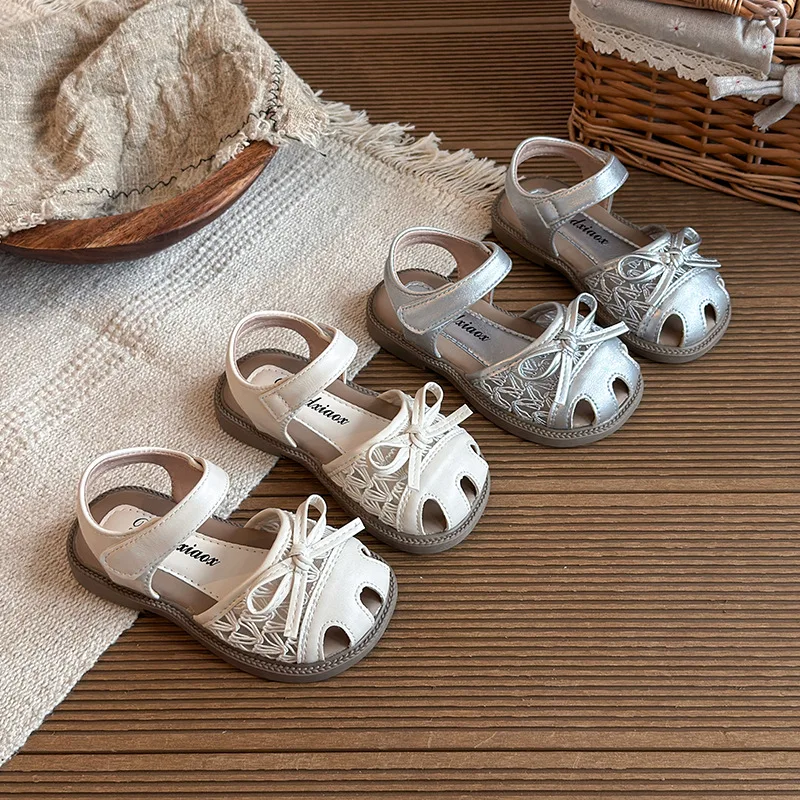 Girls Sandals Sweet Mesh Hollowed-out Kids Princess Shoes Versatile Soft Sole 2026 Summer New Children Beach Shoes Simple Bows