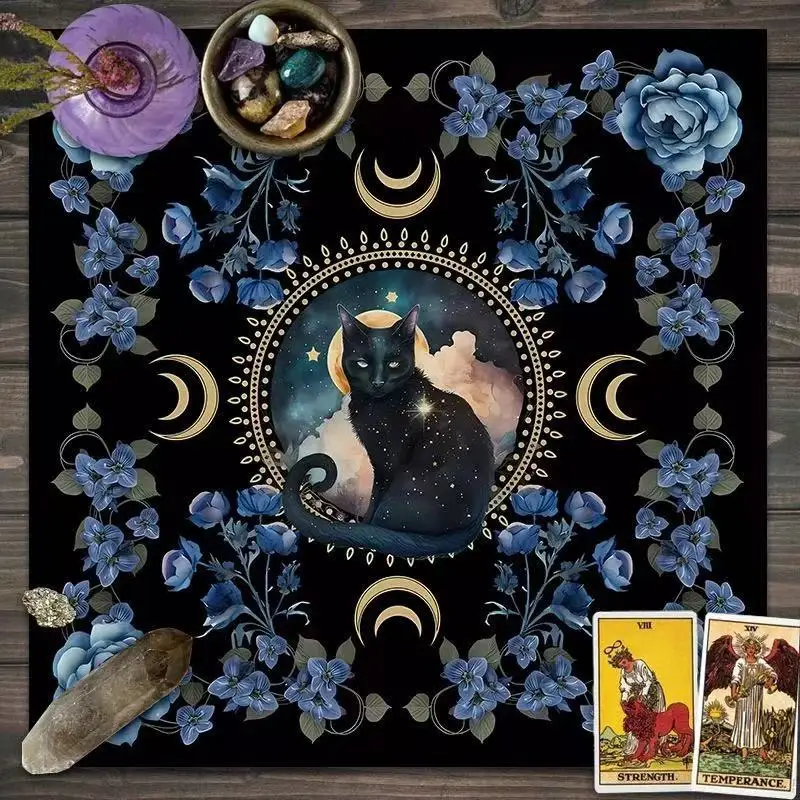 VIKAMA Starry Night Black Cat Moon Phase Tarot Card Altar Cloth Blue Rose Flower Table Mat Mystical Ritual Divination Mat