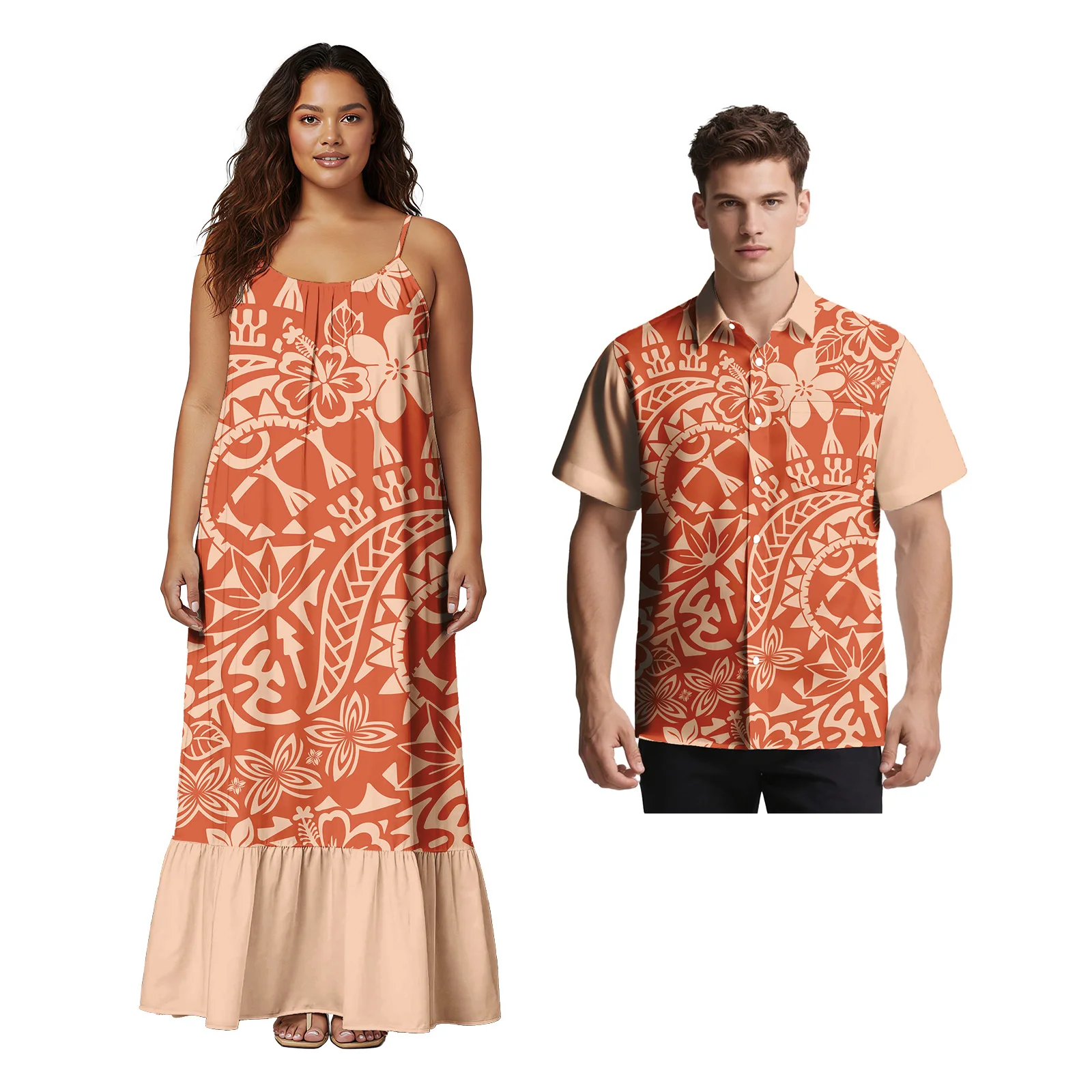 

Элитные уютные комплекты для пар с индивидуальным логотипом: женское длинное платье и рубашка алоха в полинезийском стиле для пляжного отдыха, повседневный комплект для пар