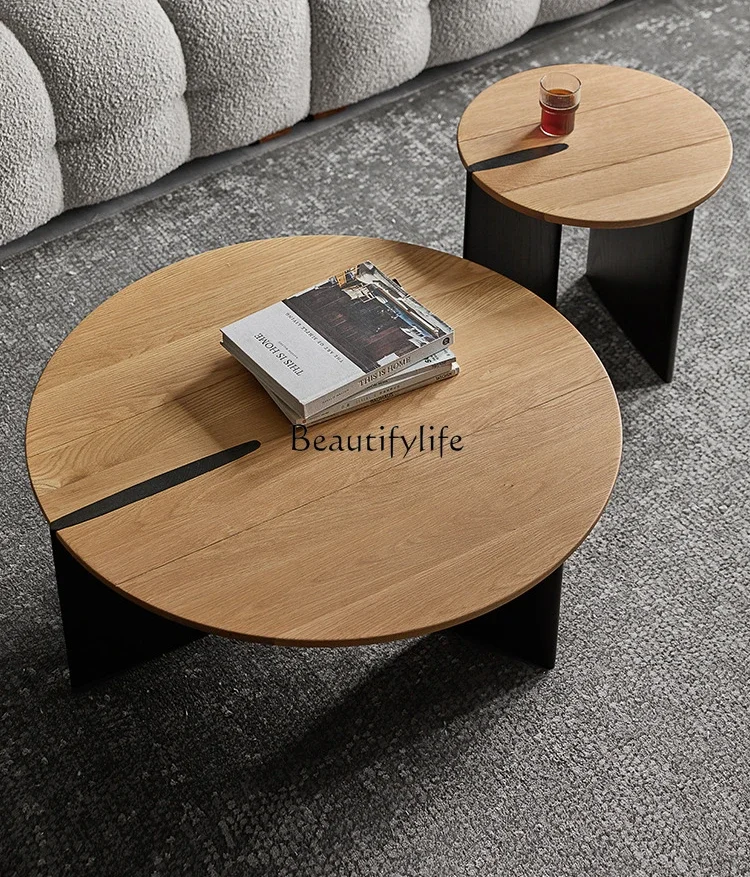 

Round solid wood coffee table household wabi sabi wind log color sofa side combination