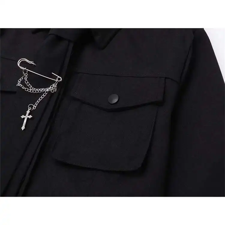 Women Crop Top Shirts Cool Black Long Sleeved Workwear Shirt For Women In Autumn, Loose Design, Niche Short Chain Top, Trendy