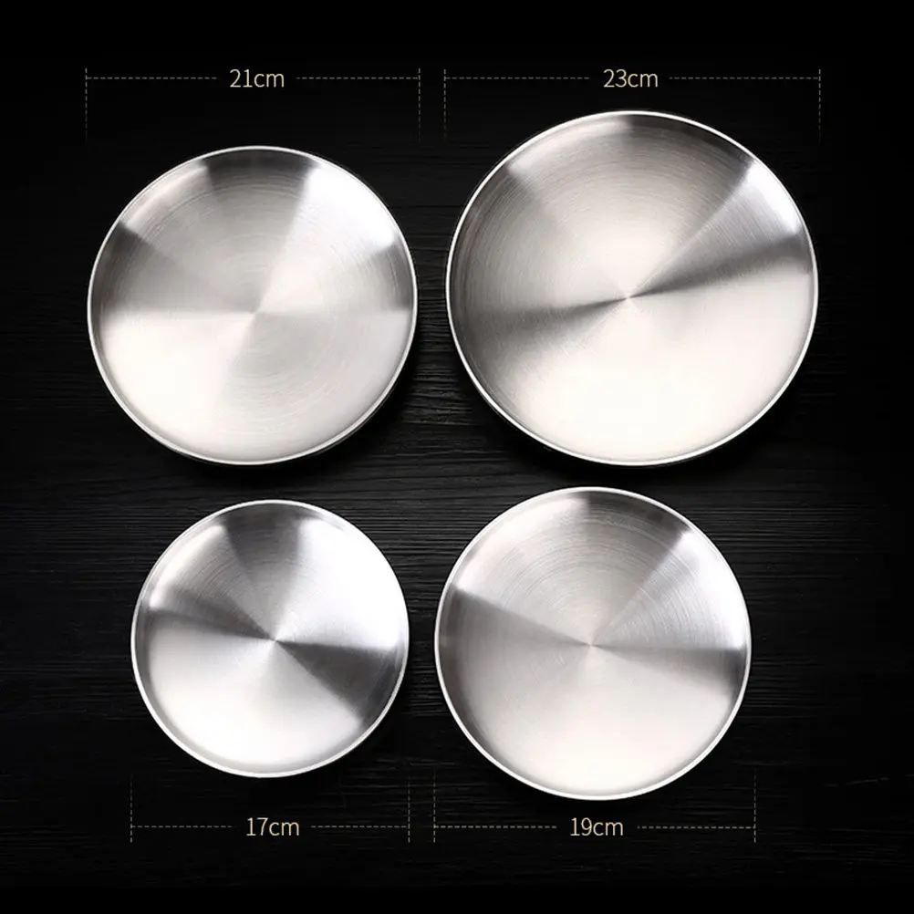 304 Stainless Steel Round Shallow Dish Double Wall Insulated Lightweight Serving Plate Wire Drawing Finish Non Slip Bottom 17Cm