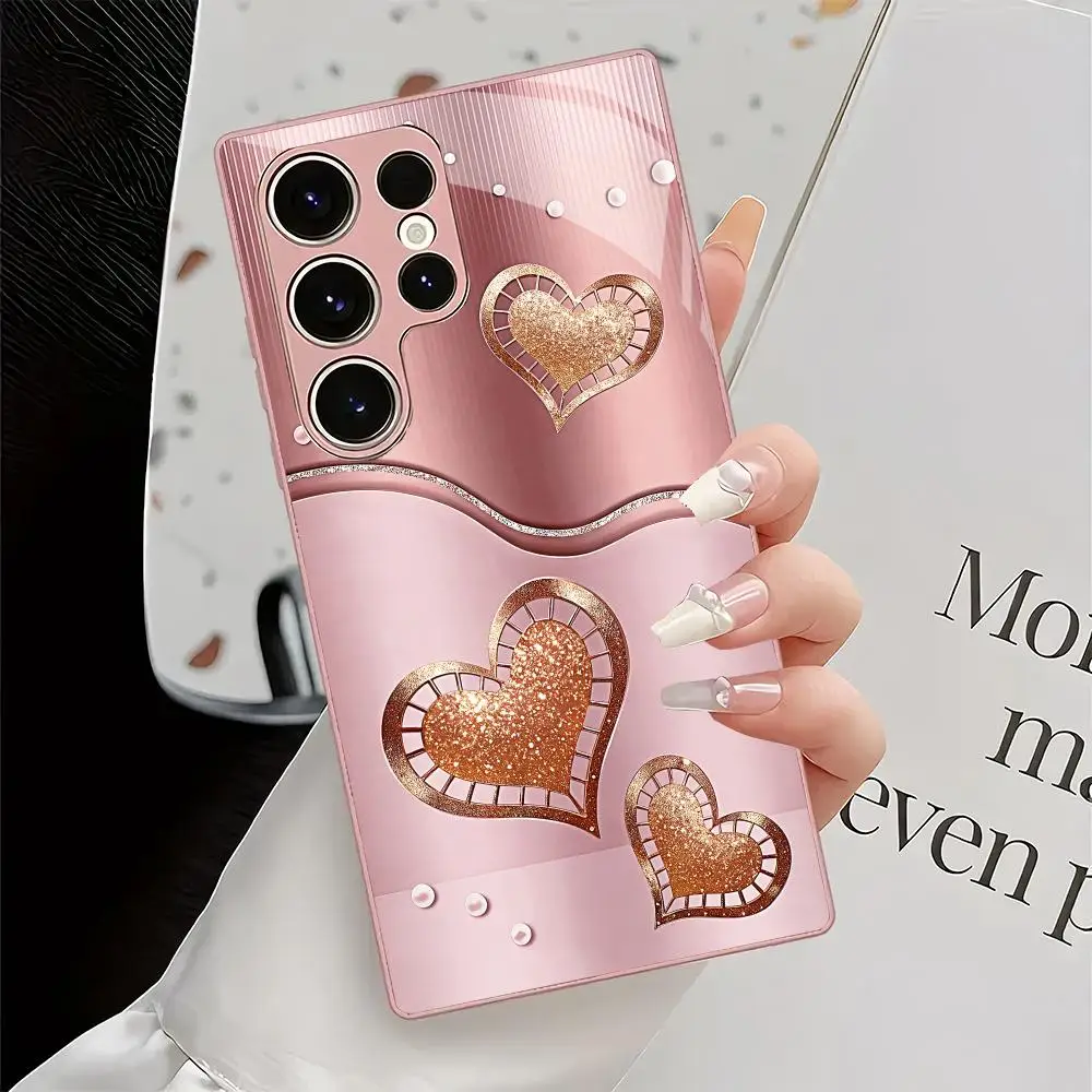 Pink gold inlaid heart phone case Tempered Glass phone case for Samsung Galaxy S26/S25/S24/S23/S22/S21 Ultra FE Plus Shockproof