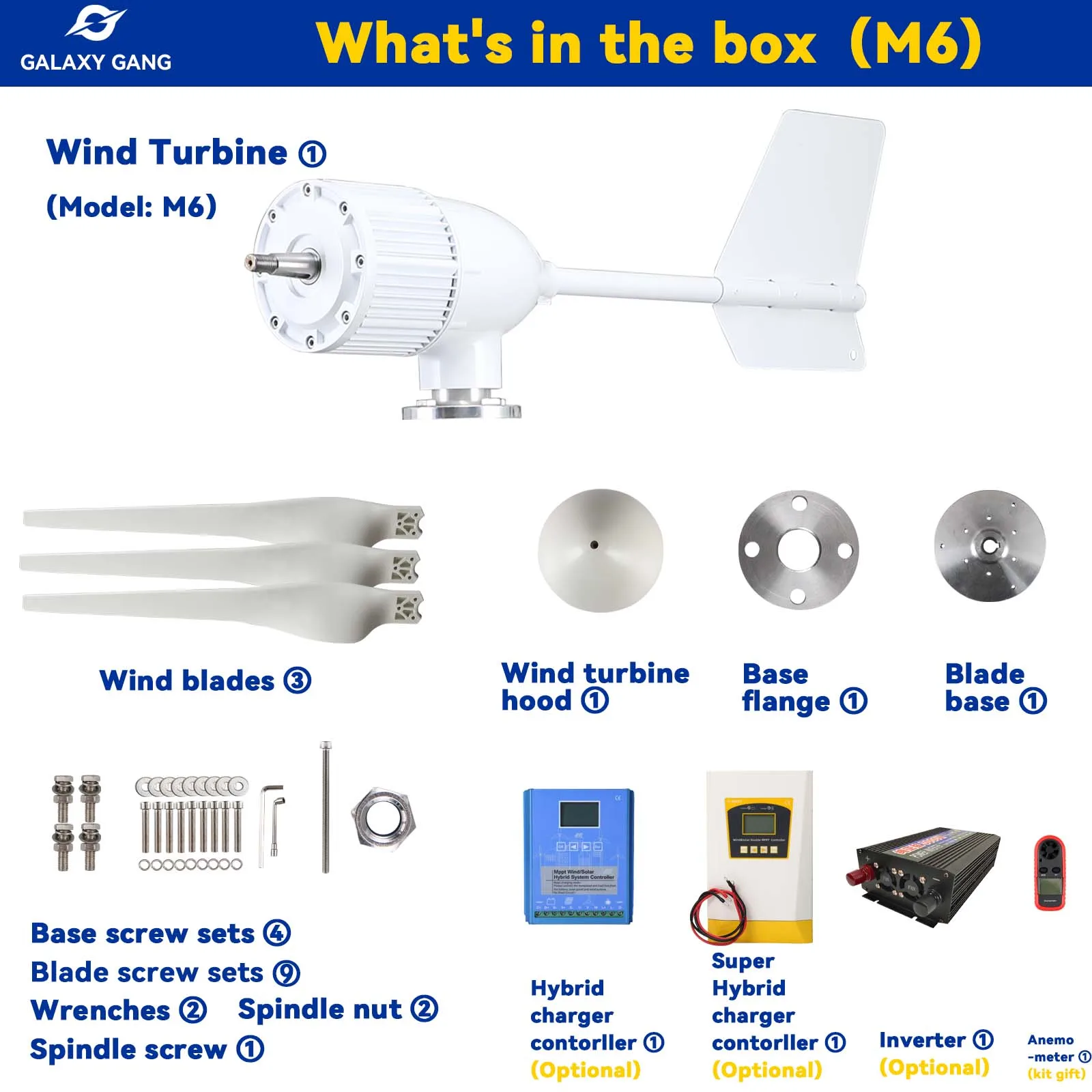 Imagem -05 - Galaxy Gang Windmill Turbine Generator Kit 6kw Potência 3blade 24v 48v com Controlador Mppt Sistema Inversor Off-grid Modelm6 6000w