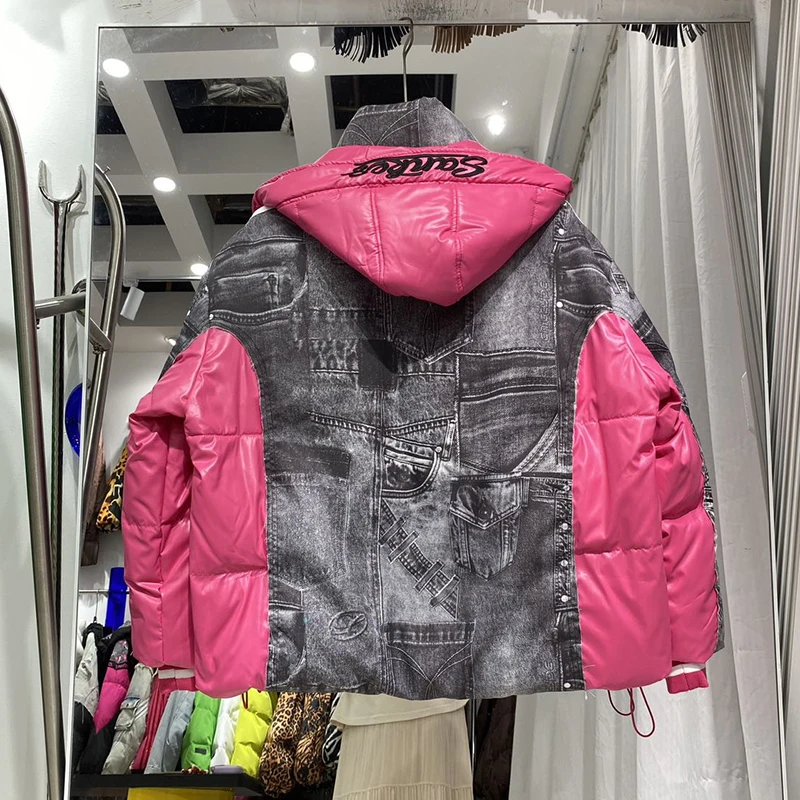 Winter Waterproof White Duck Down Outwears Women Hooded Color Blocking Splicing Down Jacket Female Warm Thick Zipper Down Jacket