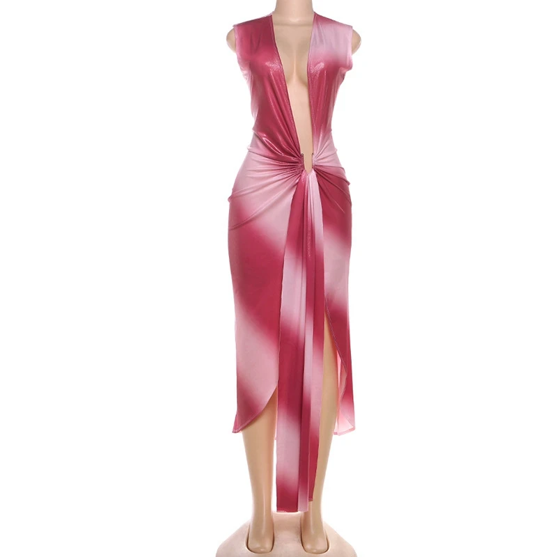Vestido de fiesta con estampado Tie Dye para mujer, elegante, verano 2021, sin mangas, con cuello en V, ceñido, drapeado, abertura alta, Sexy, para discoteca, Vestidos largos