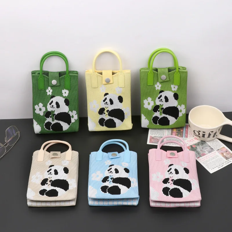 Korean Style New Panda Knitted Handbag Versatile Commuting Shopping Casual Women's Single Shoulder Crossbody Mobile Phone Bag