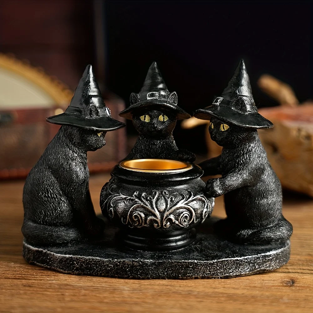 

1pc Halloween Witch Cat Sculpture - Resin & Brass, Indoor/Outdoor Decorative Figurine with 3 Witches and Cauldron, Halloween