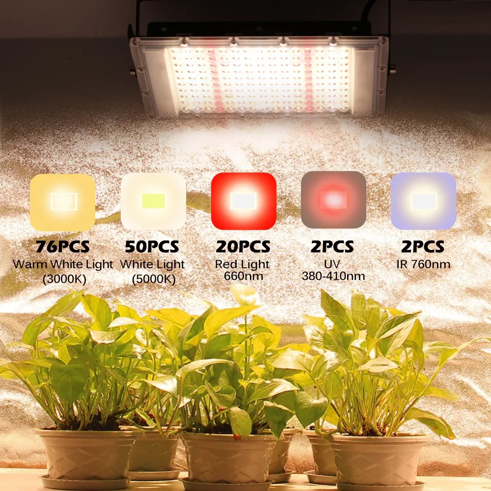 Full Spectrum 380-840nm Sunlight Growth Light IP65 LED 50W 100W 300W Plant Grow Light with EU US Plug for Indoor greenhouse