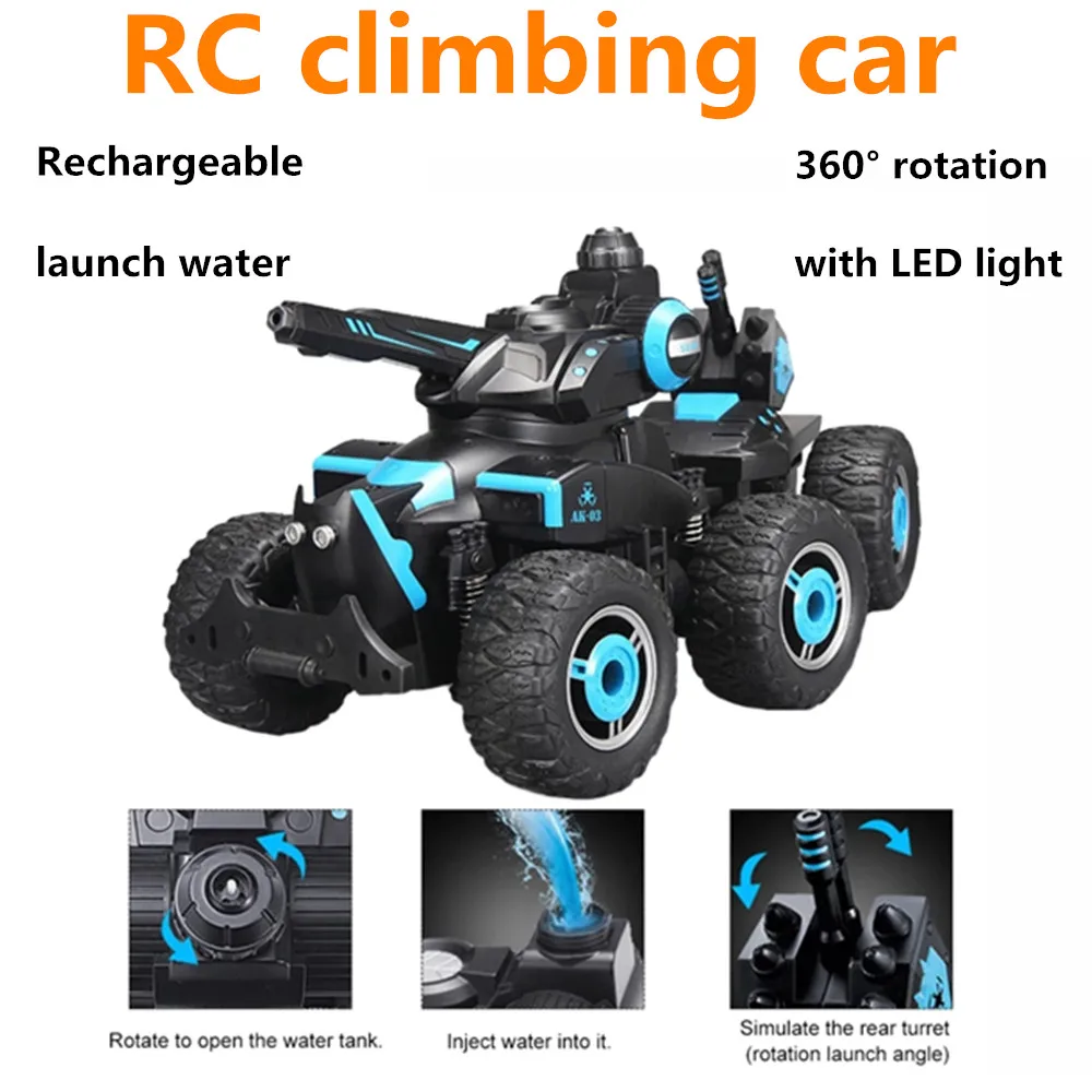 Nuovi serbatoi di telecomando ricaricabili per auto da arrampicata 6WD RC luci a LED con rotazione a 360 ° con funzione di lancio possono lanciare l'acqua