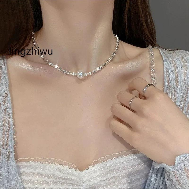 

lingzhiwu Korean Designer Vintage Silver Pearls Necklace Top Quality Choker Necklaces New Arrival