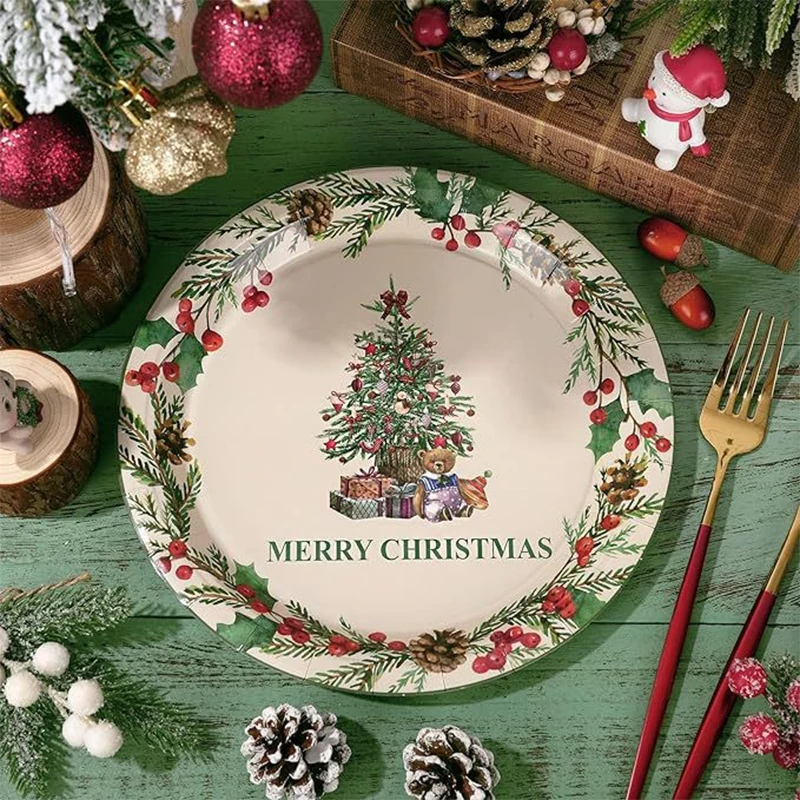 Mistletoe wreath Christmas tree theme set Disposable Christmas tree tableware supplies Christmas theme set