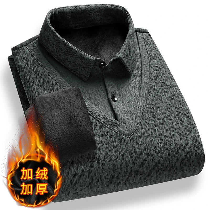 Autumn Winter Men Fake Two Piece Fleece Sweater Shirt Collar Knitted Pullover Thicken Warm Business Casual Long Sleeve Top