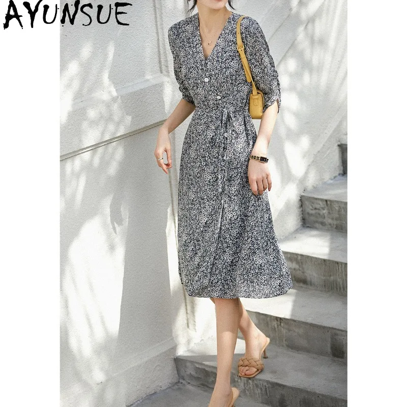 

AYUNSUE 100% Mulberry Silk Dresses for Women French Floral V-neck Dress Woman Summer Dresses 2026 Elegant Woman Clothes Платье