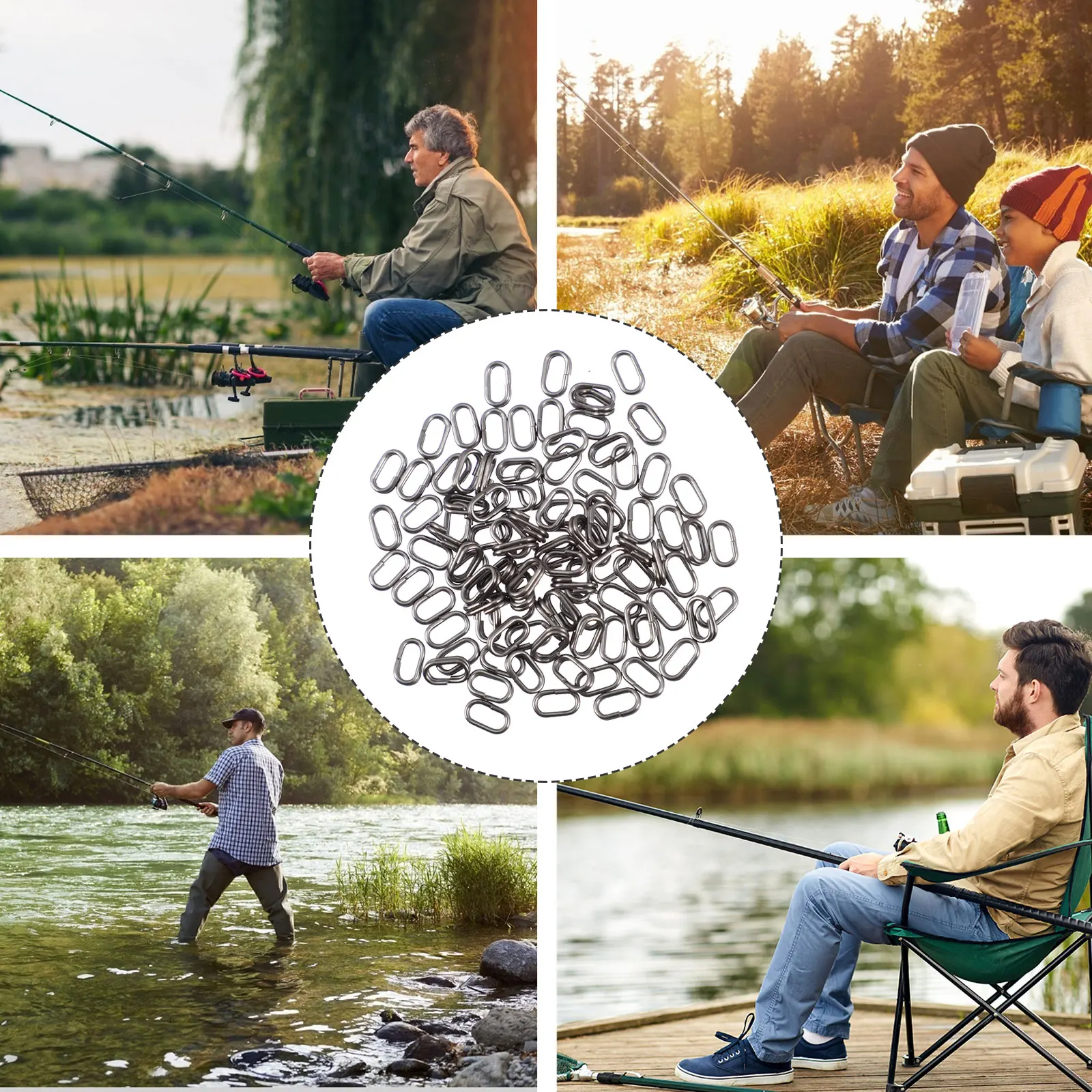 

100 Pcs Stainless Steel Oval Split Double Boat Fishing Snaps Swivel Snap Carp Connector for Lure Hooks Fishing Tackle