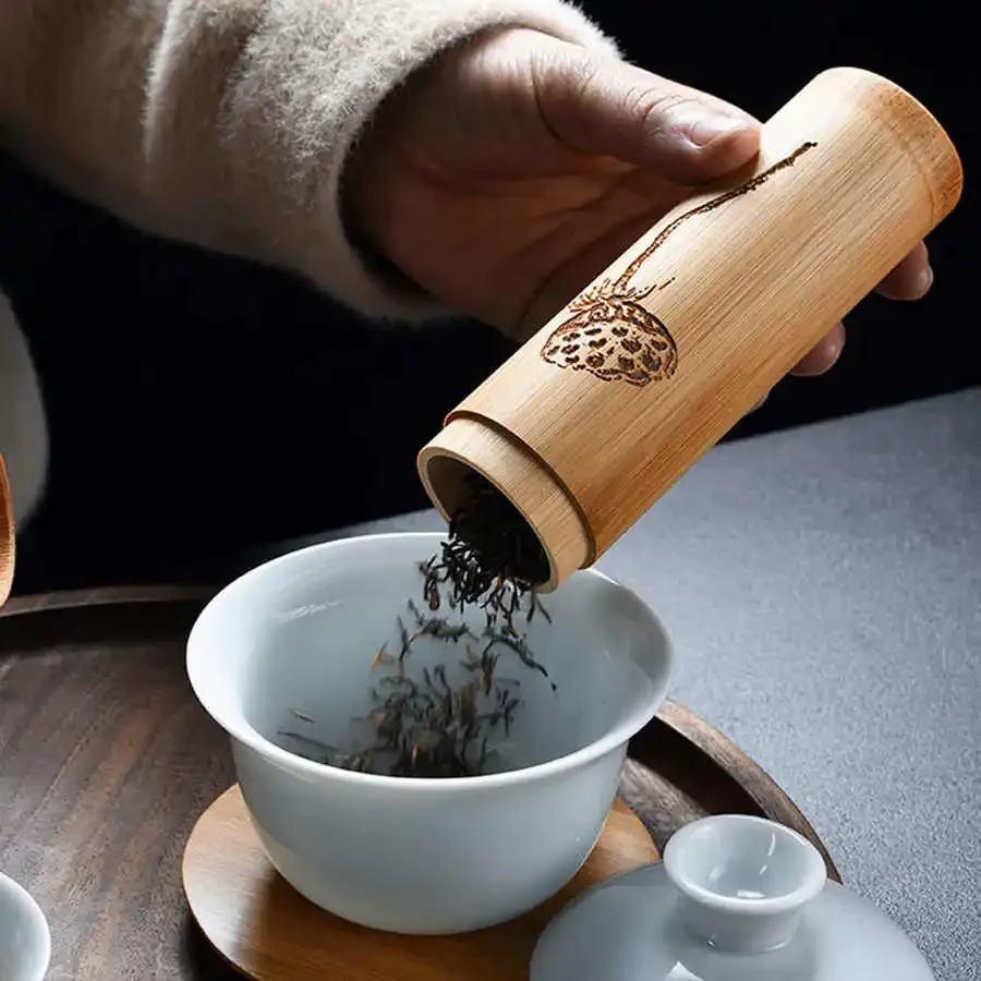 Tea Box Round Bamboo Tea Canister Portable Tea Storage Container Box Holder for Tea Coffee Beans Nuts Home Office Bamboo Tea Jar