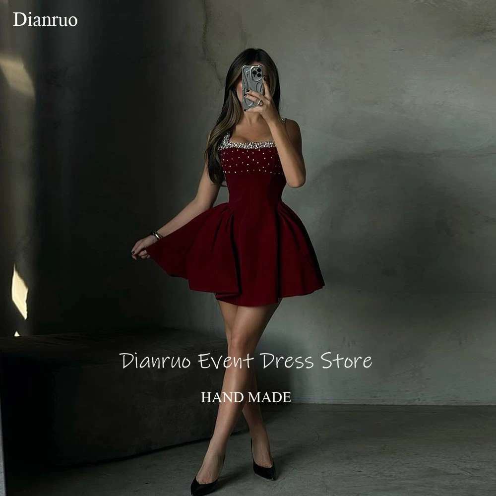 

Dianruo Unique Crystal Burgundy Velvet Prom Dress Short A Line Abiti Da Sera Square Neckline Vestidos De Graduación Customized