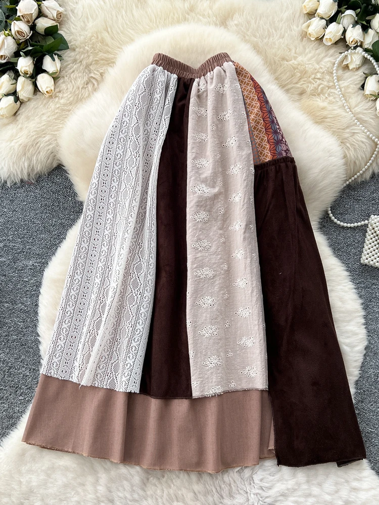 レトロな花柄パッチワークハイウエストAラインミディスカートレディース秋冬ゴムウエストスリムフィット通勤韓国風スカート